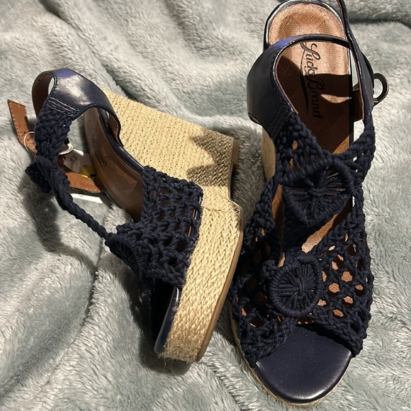 Navy Macrame Wedge Espadrille Sandals-NWT- 9 - Picture 2 of 11